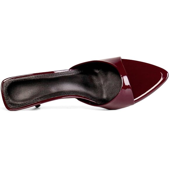 Women's Burgundy Open Toe Kitten Heels Pointed Toe Mule Slip On Elegant Shoes - Picture 5 of 6